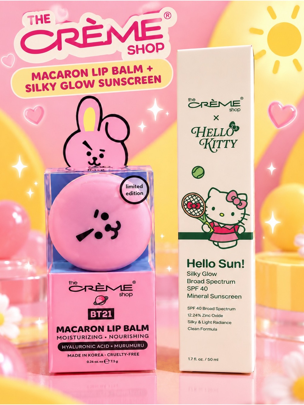 The Crème Shop BT21 Macaron Lip Balm + Hello Kitty Silky Glow Sunscreen
